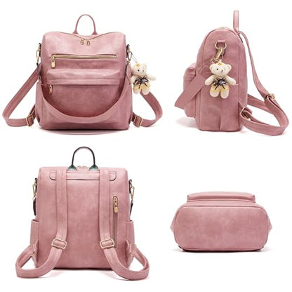 Soperwillton Women Backpack Purse Multipurpose Design Handbags Shoulder Bag PU Leather Travel bag Backpack Set 2pcs - color: Pink