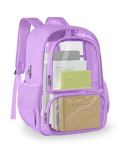 KIMNERPU Clear Backpack, Fabric & PVC Transparent Backpack with Reinforced Strap for Women Men, Heavy Duty Transparent Bookbag, Large Capacity Clear Bag, Travel, Security, Purple - color: Purple, size: Large