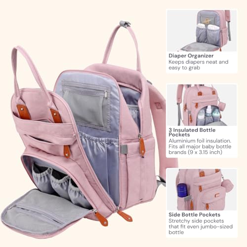 BabbleRoo Diaper Bag Backpack - Baby Essentials Travel Tote - Multi function Water Resistant Diaper Bag, Travel Essentials Baby Bag with Changing Pad, Stroller Straps & Pacifier Case - Unisex, Pink - color: Pink, size: Large