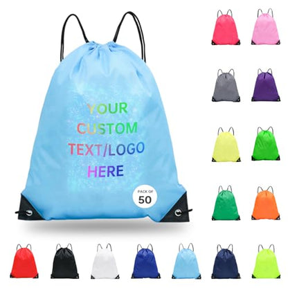 JEOHLORY pack of 50 Custom Bags With Your Logo,Drawstring Backpacks Bulk String Bag,Great for Travelling, Gym and for Everyday Use (Custom Sky Blue) - color: Custom Sky Blue