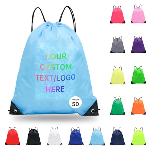 JEOHLORY pack of 50 Custom Bags With Your Logo,Drawstring Backpacks Bulk String Bag,Great for Travelling, Gym and for Everyday Use (Custom Sky Blue) - color: Custom Sky Blue