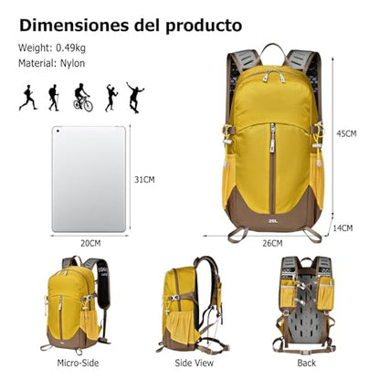 25L Hiking Backpack with Hydration Compartment Water Resistant Outdoor Daypack with Rain Cover Breathable Back System for Outdoor Travel Camping Daily Use Yellow - color: Yellow