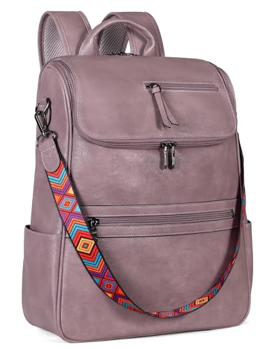 FADEON Laptop Backpack for Women Leather Travel Backpack with Laptop Compartment, Designer PU Shoulder Laptop Bag Purple - color: Purple Retro Style