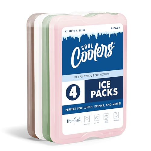 Cool Coolers by Fit & Fresh 4 Pack XL Slim Ice Packs, Quick Freeze Space Saving Reusable Ice Packs for Lunch Boxes or Coolers - color: Multi Pastel (4 Pack)