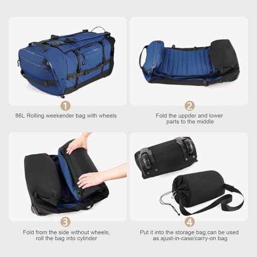 29" 86L Foldable Wheeled Duffle Bag, Waterproof Travel Rolling Backpack with Quilted Bottom, Navy - color: Navy