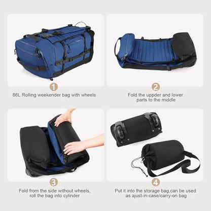 29" 86L Foldable Wheeled Duffle Bag, Waterproof Travel Rolling Backpack with Quilted Bottom, Navy - color: Navy