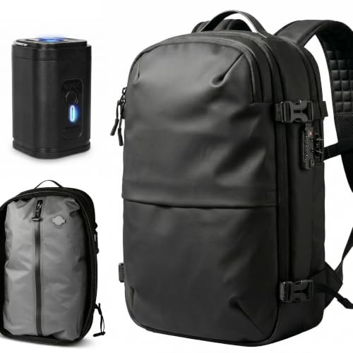 Expandable Vacuum Travel Backpack with Compression System & Pump | 60L Carry On Backpack with TSA Lock, Laptop Sleeve & Water Resistant Shell | Black