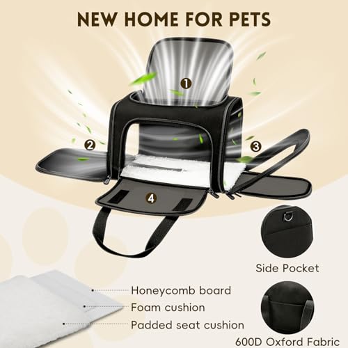 Cat Carrier Soft, Dog Carriers for Small Dogs/Large Cats (Up to 16lbs), with High Breathability, Shoulder Strap, Removable Pad, Pet Carrier Airline Approved, for Home Outdoor Travel (Black) - color: Black