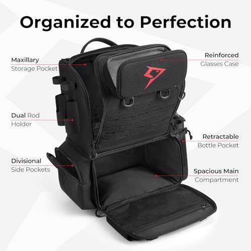 Piscifun 52L Fishing Tackle Backpack with Rod Holders & 4 Tackle Boxes, Large Tackle Bag for Gear Storage with Rain Cover - color: Black