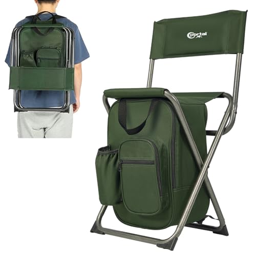 Portal Backpack Cooler Chair Fishing Chairs with Backrest Folding Camping Stool Compact for Outdoors Hiking Hunting Travel, Supports 225 lbs Capacity - color: Green