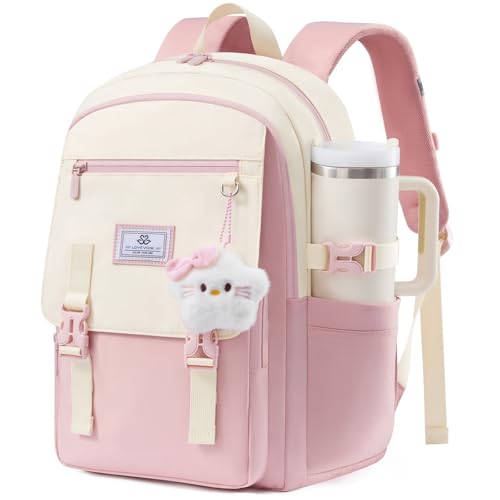 LOVEVOOK School Backpack for Teen Girls, Student Backpack Purse for 8-16 Teenage, 17.3 Inch Water-Resistant Back to School Backpacks, Cute Kid Bookbag With Charm, Large College Travel Daypack Gift - color: Pink & Cream, size: 17.3 Inch