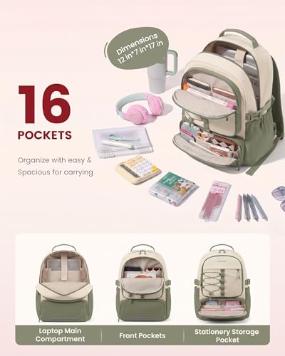 LOVEVOOK School Backpack for Teen Girls, Unique Style College Student Backpacks with Large Cup Holder, Cute Kid Bookbag with Pens Compartment, Large Capacity Back to School Backpack Fit 15.6'' Laptop - color: Pea Green&beige, size: Medium