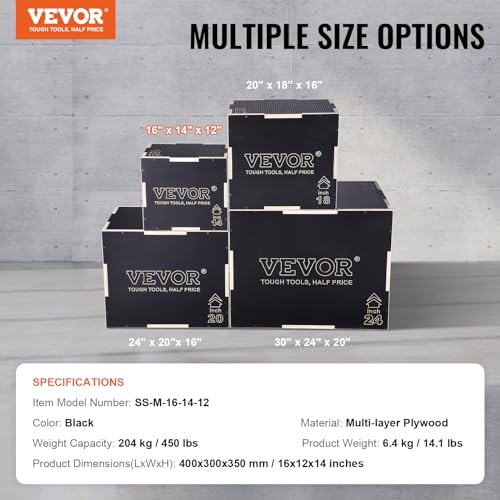 VEVOR 3 in 1 Plyometric Jump Box, Easy-to-Assemble Wood Plyo Box for Jumping Trainers, Home Gym Training and Conditioning - style: 16" x 14" x 12"