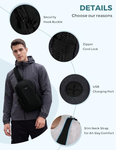 ECOHUB Small Crossbody Bags for Women Men, Anti-Theft RFID Blocking Sling Backpack with Sturdy SBS Zippers Water Resistant Chest Shoulder Bag Daypack with 9 Pockets Travel Work Hiking, Black - color: Small-black