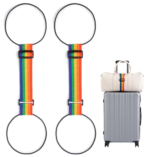2 Pack Luggage Connector Straps for Suitcases 25 Colors, Adjustable Elastic Travel Bag Strap with Dual Stability Design, Add-a-Bag Hands-Free Luggage Belt, Fits Most Carry-On & Checked Luggage - color: Rainbow