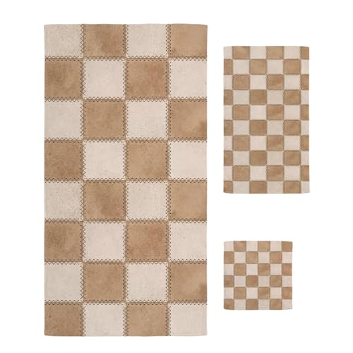 Brown Beige Checkered Bath Towels Set of 3 for Bathroom,Soft Absorbent Shower Beach Hand Face Hair Yoga Workout Gym Towel Dish Wahcloth,Modern Farmhouse Plaid Burlap Quick Dry Bath Towels+Set - color: Beige, Tan, Cream