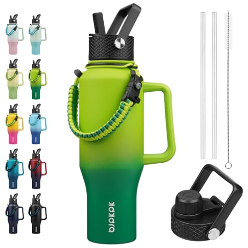BJPKPK Insulated Water Bottles with Straw Lid, 35oz Metal Water Bottle with 2 lids & Paracord Strap, Double Wall Stainless Steel Tumbler with Handle, Reusable Cups, Mugs, Thermo, Bamboo Grove - color: Bamboo Grove, style: 35oz-Side Handle