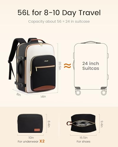 LOVEVOOK 56L Travel Backpack for Women & Men, Airline Approved Carry On Luggage with 3 Packing Cubes, TSA Overnight Bags, Waterproof Personal Item Bag, Weekender Essentials Backpacks fits 17" Laptop - color: Black-beige-brown, size: 20 Inch-56L-4Pcs