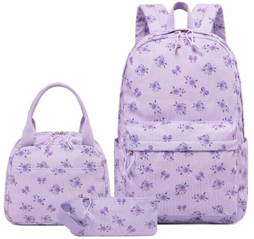 LEDAOU Kids Backpack for Girls Backpacks with Lunch Box, Lightweight Bookbag Set Elementary Middle School Back pack for 8-14 - color: Small Flower Bow - Purple