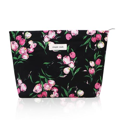 Wudygirl Makeup Bag Aesthetic Makeup Pouch Toiletry Bag Canvas Cosmetic Bag for Women and Girls Large Capacity Travel Makeup Bag Cute Pencil Pouch with Zipper (Black and Red Floral) - color: Black Floral