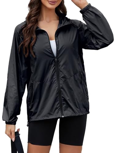 CRIPOM Light Weight Rain Jacket Women Waterproof Windbreaker Travel Rain Coats for Women Packable S-XXL - color: Black, size: Medium