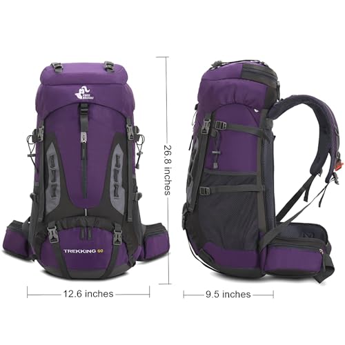 Bseash 60L Hiking Camping Backpack with Rain Cover, Waterproof Large Capacity Outdoor Sport Travel Daypack Climbing Touring (Purple) - color: Purple