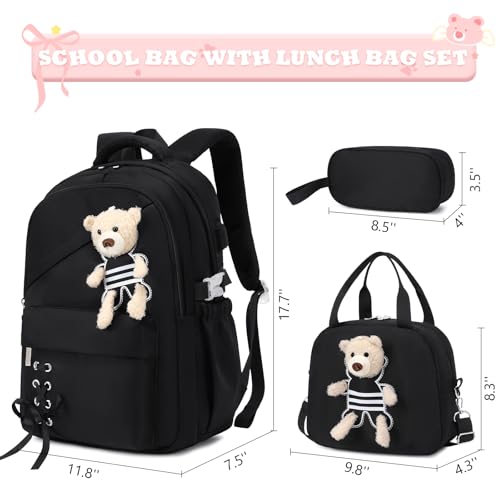 ACESAK School Backpack for Girls - 3 PCS Cute Girls Backpack with Lunch Box & Pencil Case - Kawaii Casual Kids Bookbag School Bag Daypacks Set for Elementary Middle High School Student Teens (Black) - color: Black