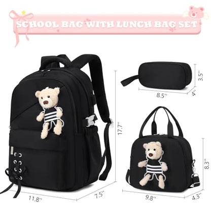 ACESAK School Backpack for Girls - 3 PCS Cute Girls Backpack with Lunch Box & Pencil Case - Kawaii Casual Kids Bookbag School Bag Daypacks Set for Elementary Middle High School Student Teens (Black) - color: Black