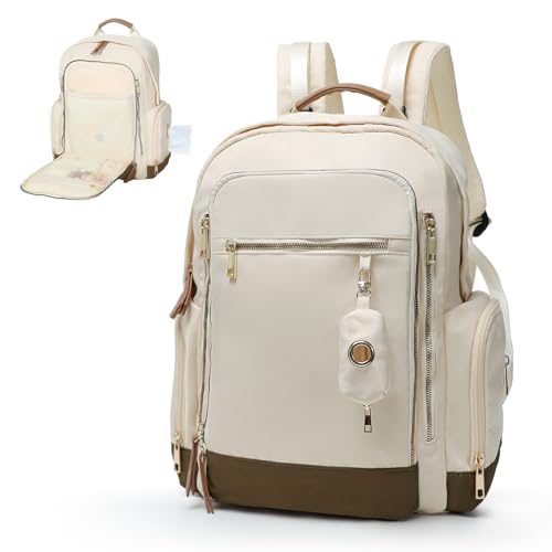 miss fong Diaper Bag Backpack - Baby Diaper Bag Mommy Bag Diaper Backpack with 16 Pockets Large Capacity Travel Diaper Bag Baby Shower Gifts for Mom & Dad-Off-White - color: Off-white