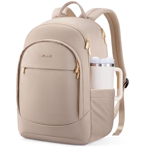 LOVEVOOK Travel Backpack for Women, 17.3 Laptop Backpack Women w/Large Tumbler Pockets, Water Resistant College Bookbag, Large Capacity Black Computer Backpacks for Work, Warm Beige - color: Warm Beige, size: 17.3 inches