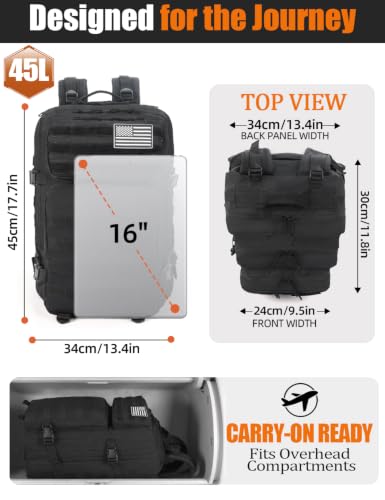 J.SH 45L Large Military Tactical Backpack for Men, Army Assault Pack Bag with MOLLE System, 3-Day Bug Out Bag for Outdoor Hiking, Gym, Tactical Missions, Rugged Survival & Outdoor Rescue - Black