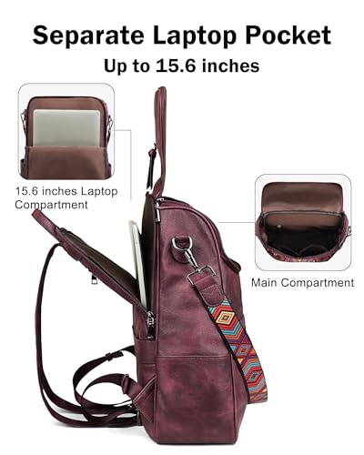 FADEON Laptop Backpack for Women Leather Travel Backpack with Laptop Compartment, Designer PU Shoulder Laptop Bag Red - color: Wine Red Retro Style