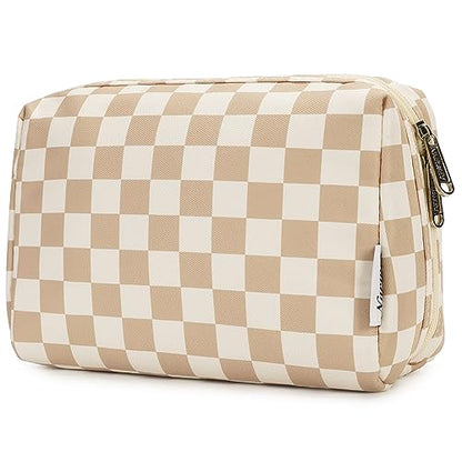 Narwey Checkered Makeup Bag Travel Cosmetic Bag Organizer Toiletry Bag Make Up Bags with Compartments for Women Girls (Large, Light Checkerboard) - color: YB-Light Checkerboard, style: Large