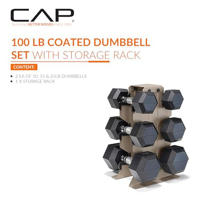 CAP Dumbbell Set with Rack, Rubber Coated Hex Free Weight Set | 100–300 lb Options, Vertical Space-Saving Storage for Home Gym Strength Training - size: 100 lb Set - Tan Rack, style: Chrome Handle