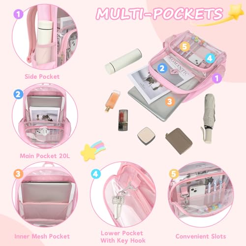 MUSEVOS Clear Backpack, Heavy Duty Bookbag for School, 2-in-1 Design Transparent PVC & Oxford Fabric, for Girls and Women. Pink - color: Pink