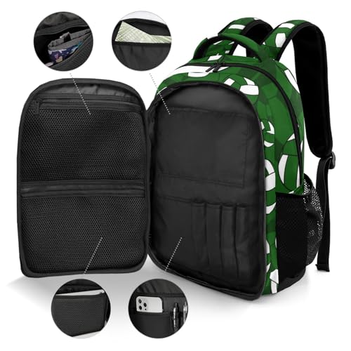 Dark Green Volleyball Pattern Shoulders Backpack Laptop Bag Bookbags Personalized Casual Daypack for Sports Birthday Holiday Party Gift - color: Dark Green Volleyball Pattern