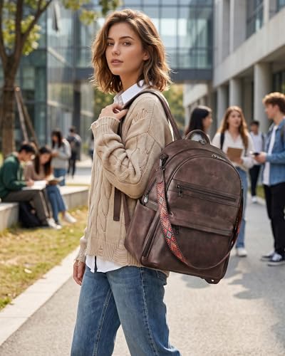FADEON 15.6 inch Laptop Backpack Purse for Women Designer PU Leather Computer Backpacks Fashion for Work Travel Coffee Brown - color: Coffee Brown Retro Style