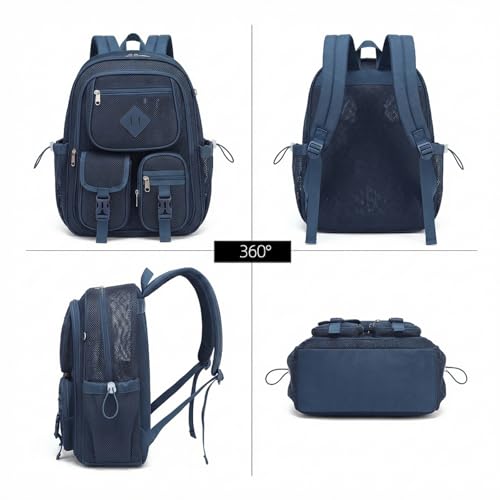 Mesh Backpack for Boys, Women Girls Mesh Bookbags Heavy Duty Semi-Transparent School Bag Net Back Pack for Travel, Beach, Swimming, Work - Navy Blue - color: Navy Blue