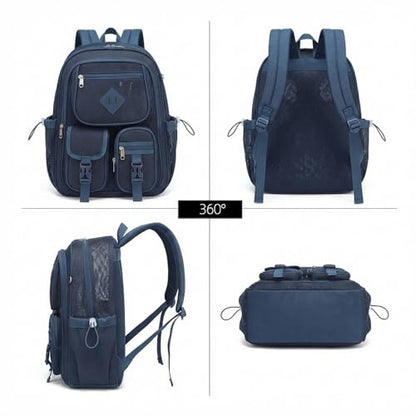 Mesh Backpack for Boys, Women Girls Mesh Bookbags Heavy Duty Semi-Transparent School Bag Net Back Pack for Travel, Beach, Swimming, Work - Navy Blue - color: Navy Blue