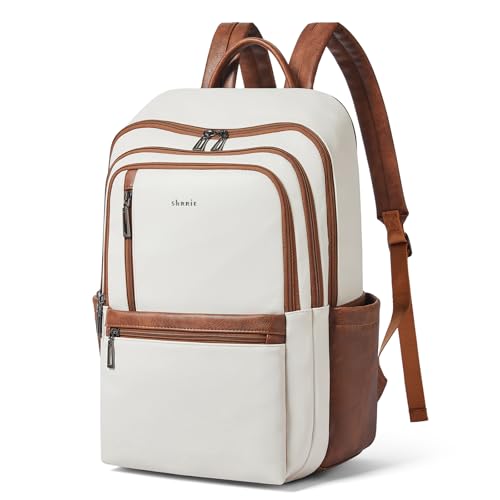 Shrrie 17 inch Leather Laptop Backpack for Women, Large Travel Backpack with 6 Compartments, Computer Backpack Purse for Work College - color: Beige