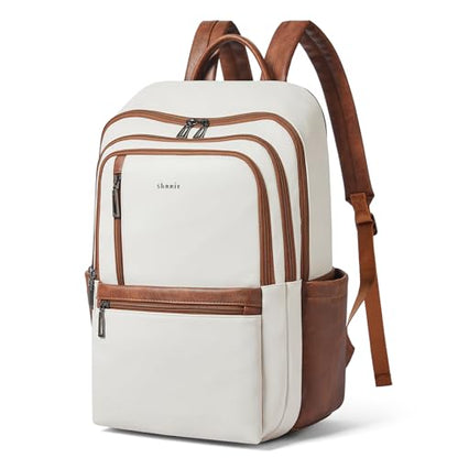 Shrrie 17 inch Leather Laptop Backpack for Women, Large Travel Backpack with 6 Compartments, Computer Backpack Purse for Work College - color: Beige