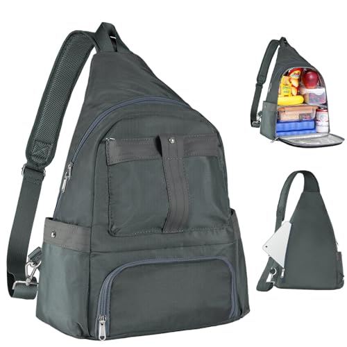 Crossbody Lunch Backpack, Double Deck Insulated Lunch Box for Men Women Adult, Leakproof Lunchbox with Side Pokets for iPad, Large Cooler Bag for Work Office Hiking Beach Picnic, Grey - color: Grey