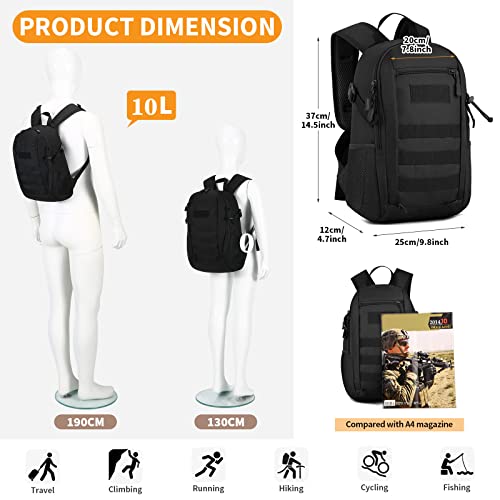 HUNTVP 10L Tactical Backpack Small Backpack Mini Daypack Military MOLLE Rucksack Gear Tactical Assault Pack Bag for Hunting Camping Trekking(10L-Black) - color: Black, size: 10L