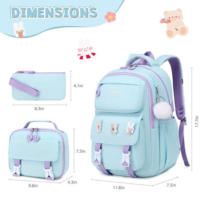 DIGOBAY 3PCS Girls Backpack for School, Cute Kids Backpack for Girls with Lunch Box Pencil Case for Teen Girl Elementary Primary Middle High College School Bookbag with Cute Pins Aquamarine-Purple - color: Aquamarine-purple