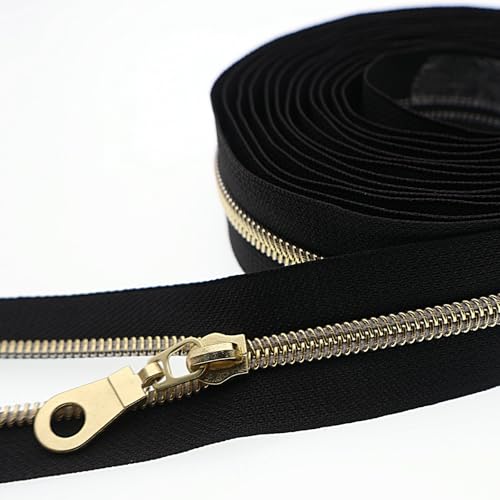 #5 Gold Metallic Nylon Coil Zipper by The Yard, Bulk 10 Yards Black Tape Gold Teeth with 25PCS Gold Zippers Pulls for Sewing, Bags, Purses YIGUANXIN - color: Black-Gold