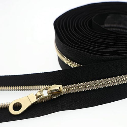 #5 Gold Metallic Nylon Coil Zipper by The Yard, Bulk 10 Yards Black Tape Gold Teeth with 25PCS Gold Zippers Pulls for Sewing, Bags, Purses YIGUANXIN - color: Black-Gold