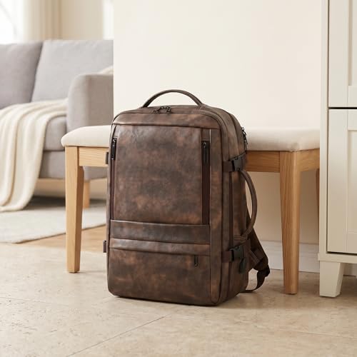 Travel Backpack for Men Women, PU Leather Carry On Backpack Flight Approved with Laptop Compartment, 40L Expandable Personal Item Travel Bag for Traveling Weekender Business (Coffee) - color: Coffee