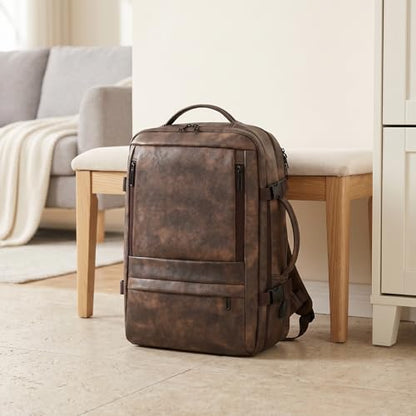 Travel Backpack for Men Women, PU Leather Carry On Backpack Flight Approved with Laptop Compartment, 40L Expandable Personal Item Travel Bag for Traveling Weekender Business (Coffee) - color: Coffee