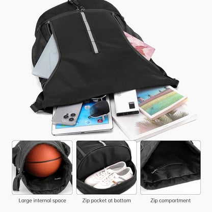 Sport Gym Bag Drawstring Backpack Beach Bag for Men Women with Shoe Compartment and Reflective Strips (Black) - color: Black