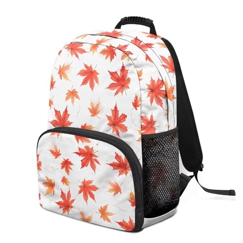 School Backpack with Laptop Compartment - Fully Printed Bagpack for Teens, Includes 2 Side Water Bottle Holders & Organizational Pockets (17.3x12.2x5.9 in) Orange Maple Leaf Print - color: Orange Maple Leaf Print